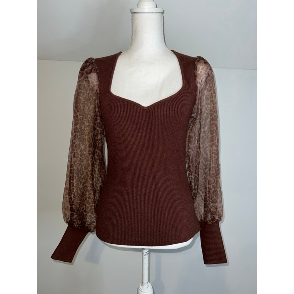 NEW Women's Dolan Brown Ribbed Top with Animal Print Sleeves S